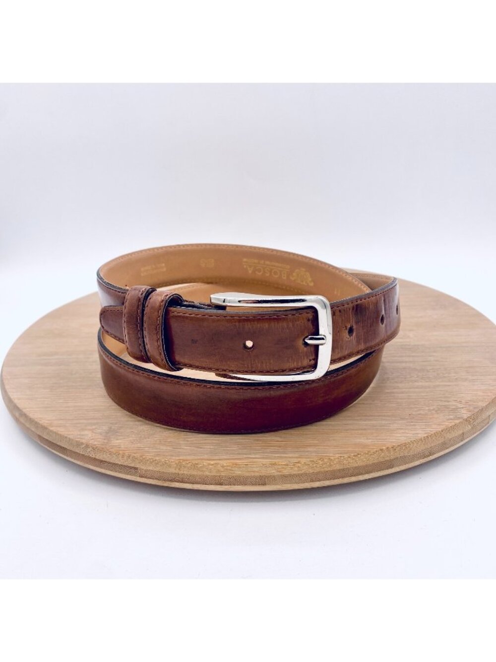 Bosca Belt Mens 40 Brown Full Grain Leather Silver Buckle Italy